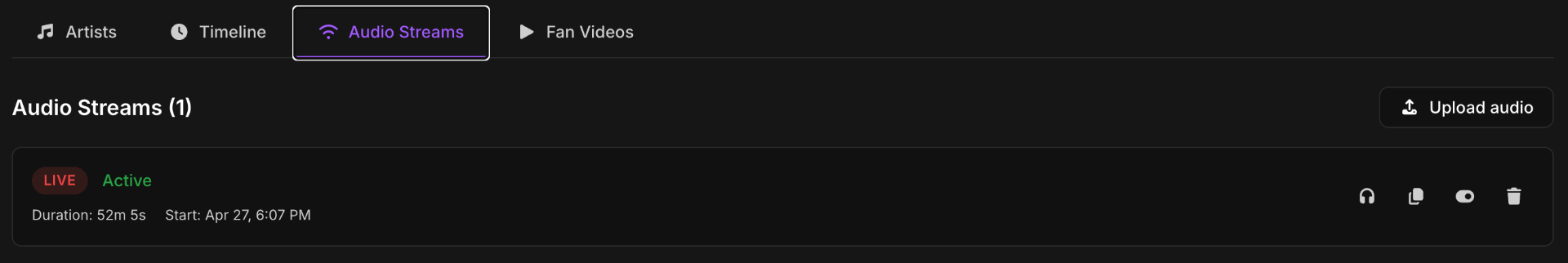 Studio Portal Audio Streams tab showing a LIVE active stream with duration and start time.