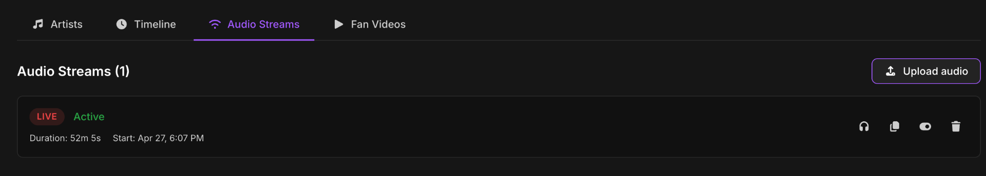 Studio Portal Audio Streams tab with the Upload audio button highlighted in the top-right.
