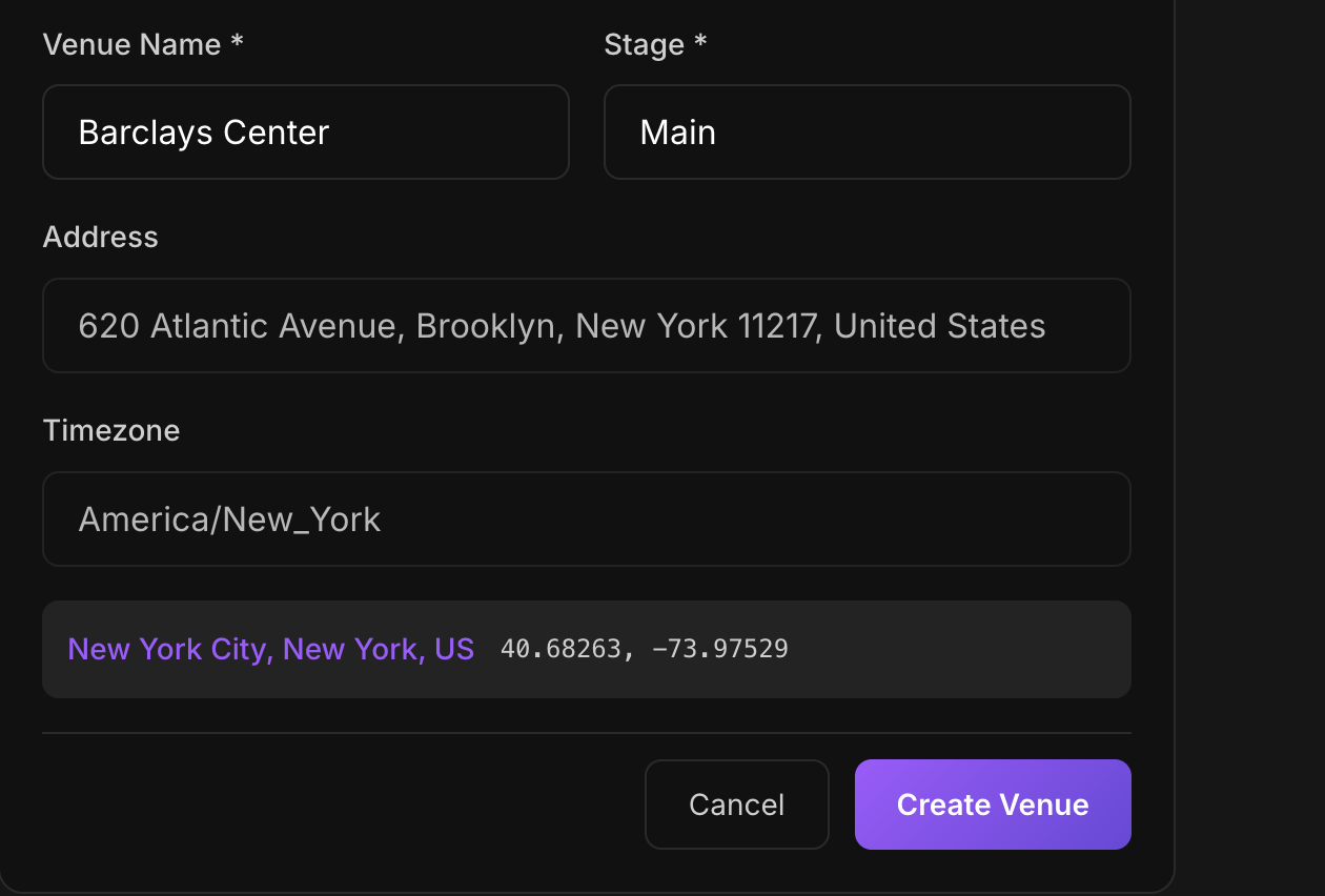 Create Venue form with venue name, stage, address, and timezone