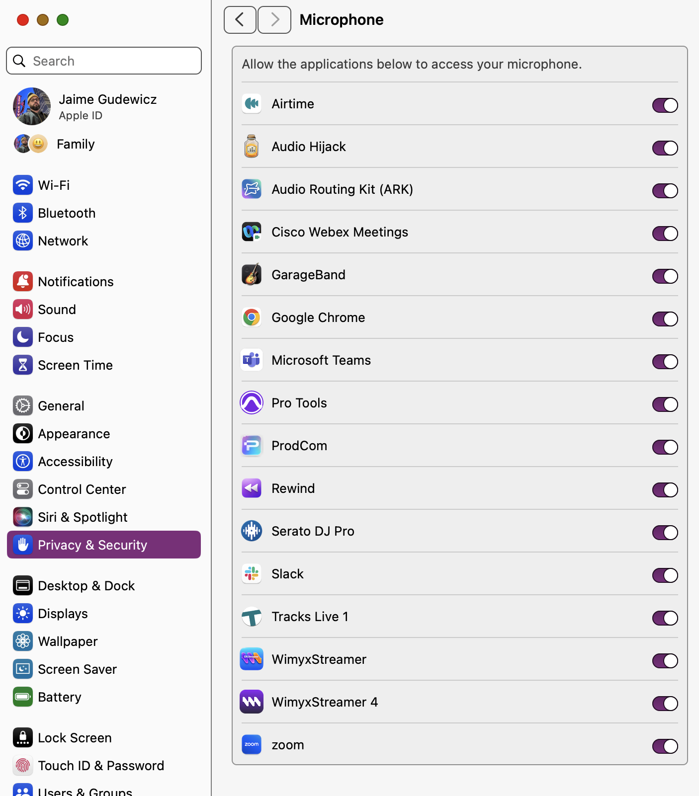 macOS System Settings → Privacy & Security → Microphone, with WimyxStreamer enabled