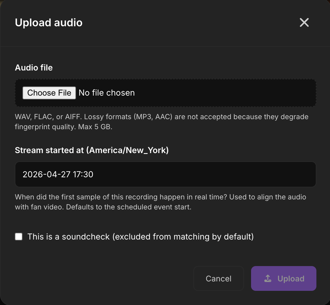 Upload audio dialog showing audio file picker, stream start time, and soundcheck checkbox.