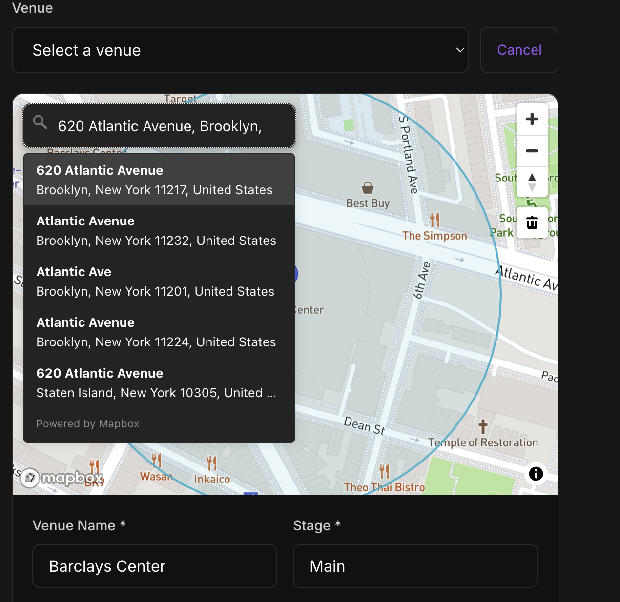 Venue selection with Mapbox address search and venue name / stage fields
