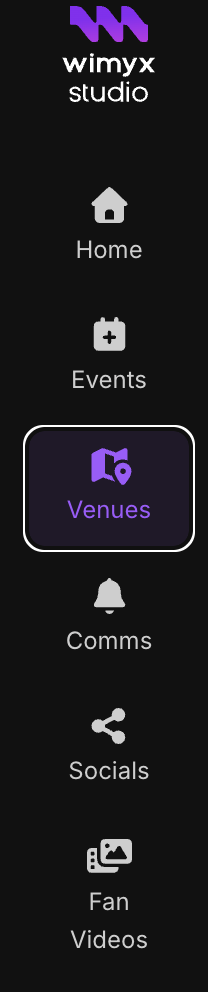 Wimyx studio sidebar with Venues tab highlighted